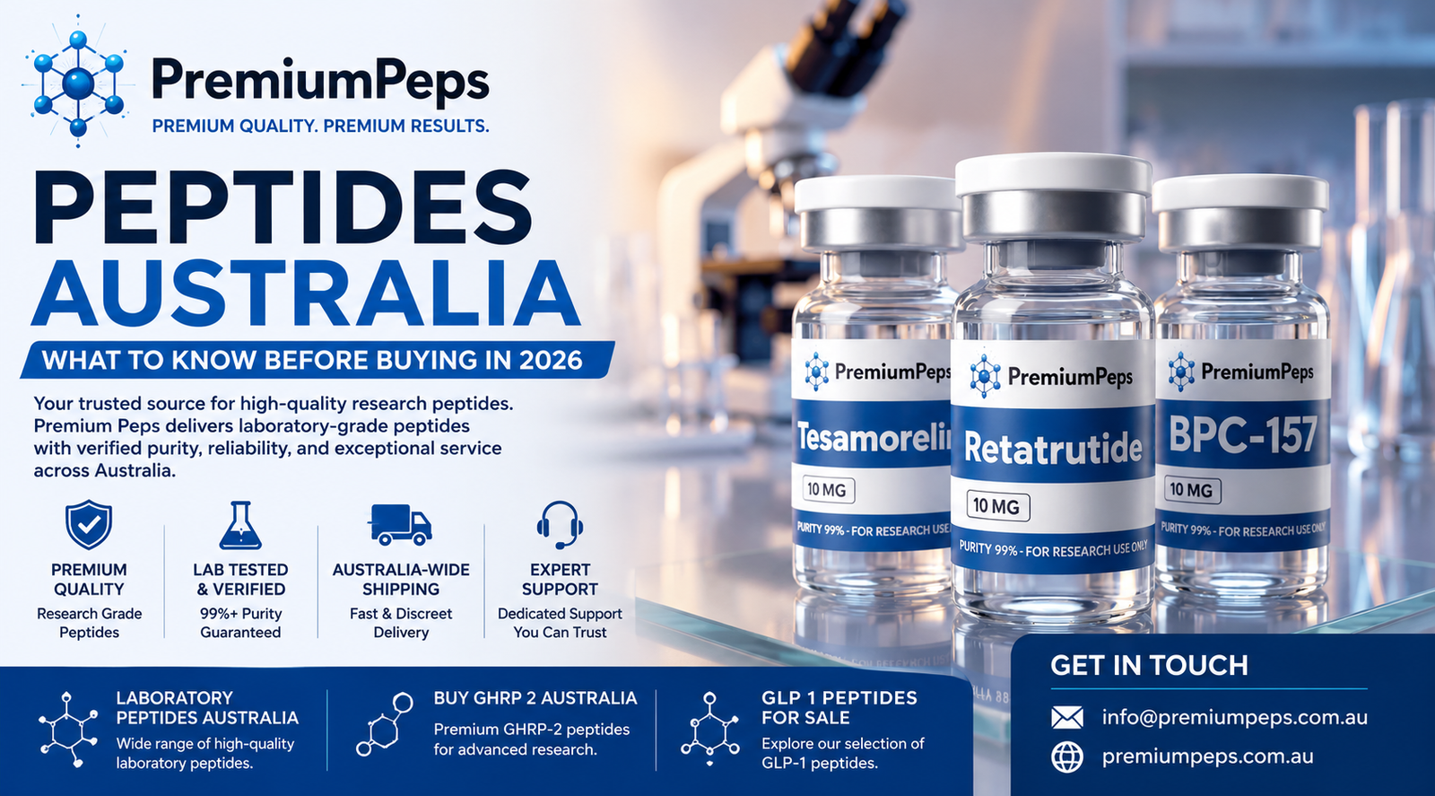 Laboratory Peptides Australia featuring premium research-grade peptide vials from Premium Peps